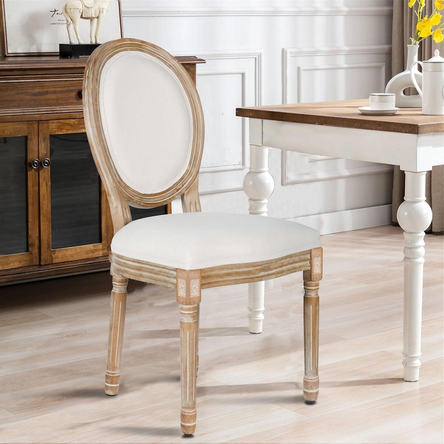 Beige Fabric Dining Chair Set Of 2 Square Back With Solid Wood Legs
