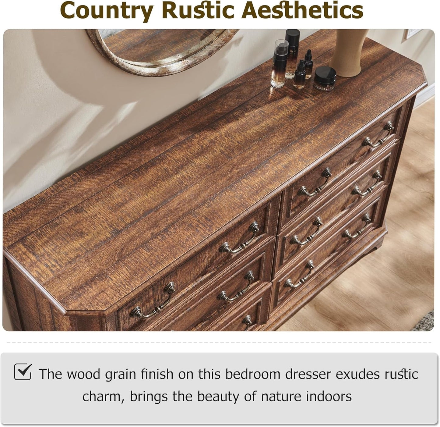 Farmhouse Solid Wood Six Drawer Dresser 54 Inch Wide