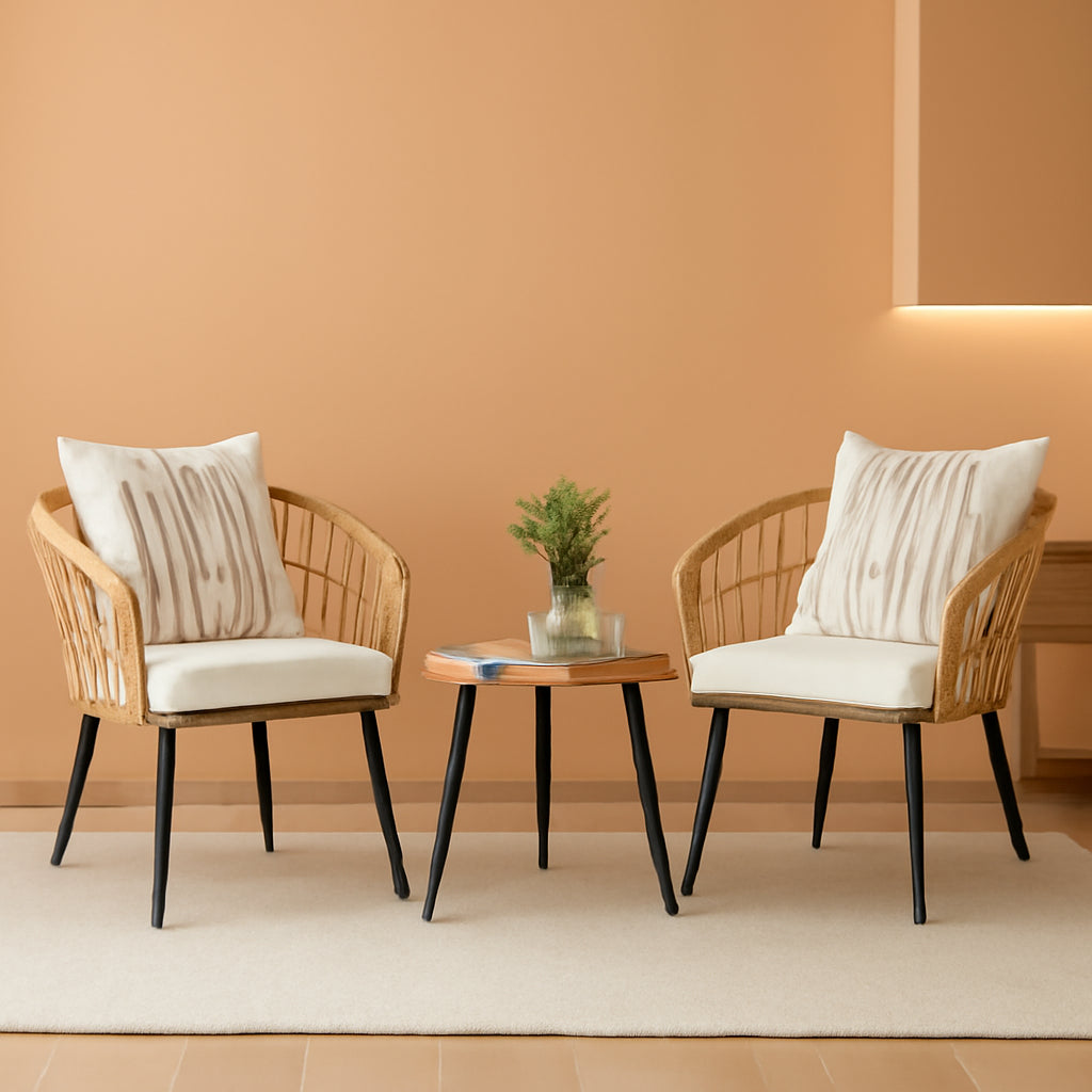 Three Piece Patio Bistro Set Outdoor Wicker Beige Rattan Table And Chairs For Balcony