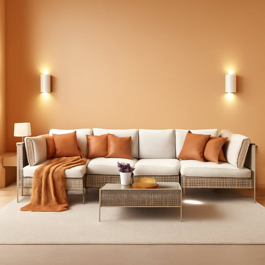 7 Piece Wicker Patio Set Water Resistant Cushions Beige