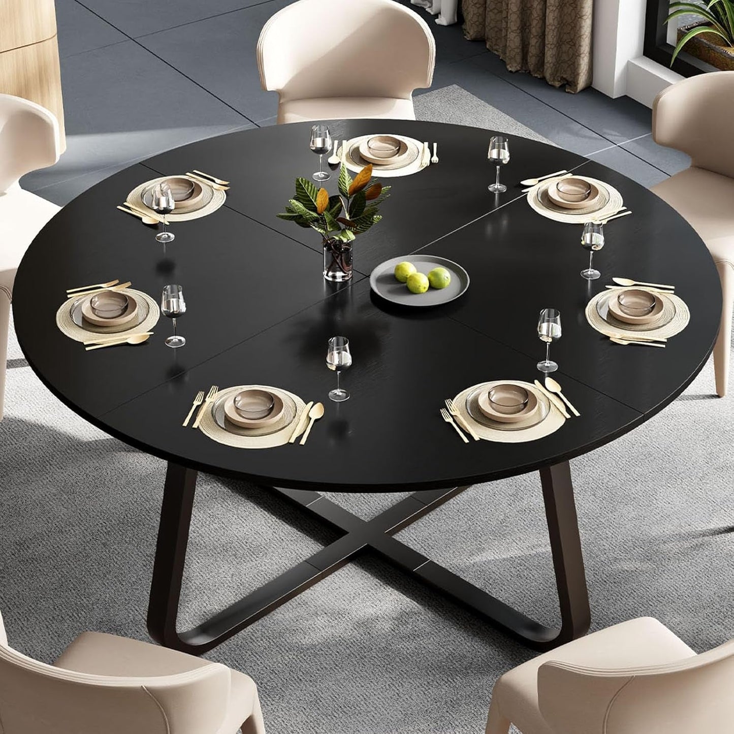 Circular Dining Table 51 Inch Black Oak Wood Finish