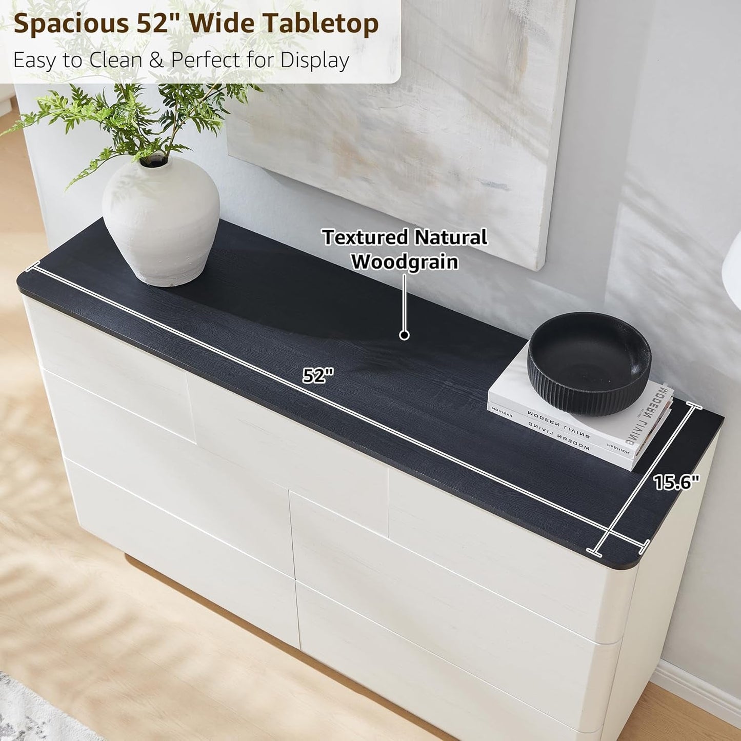 Off White Handleless Dresser With Curved Profile For Home