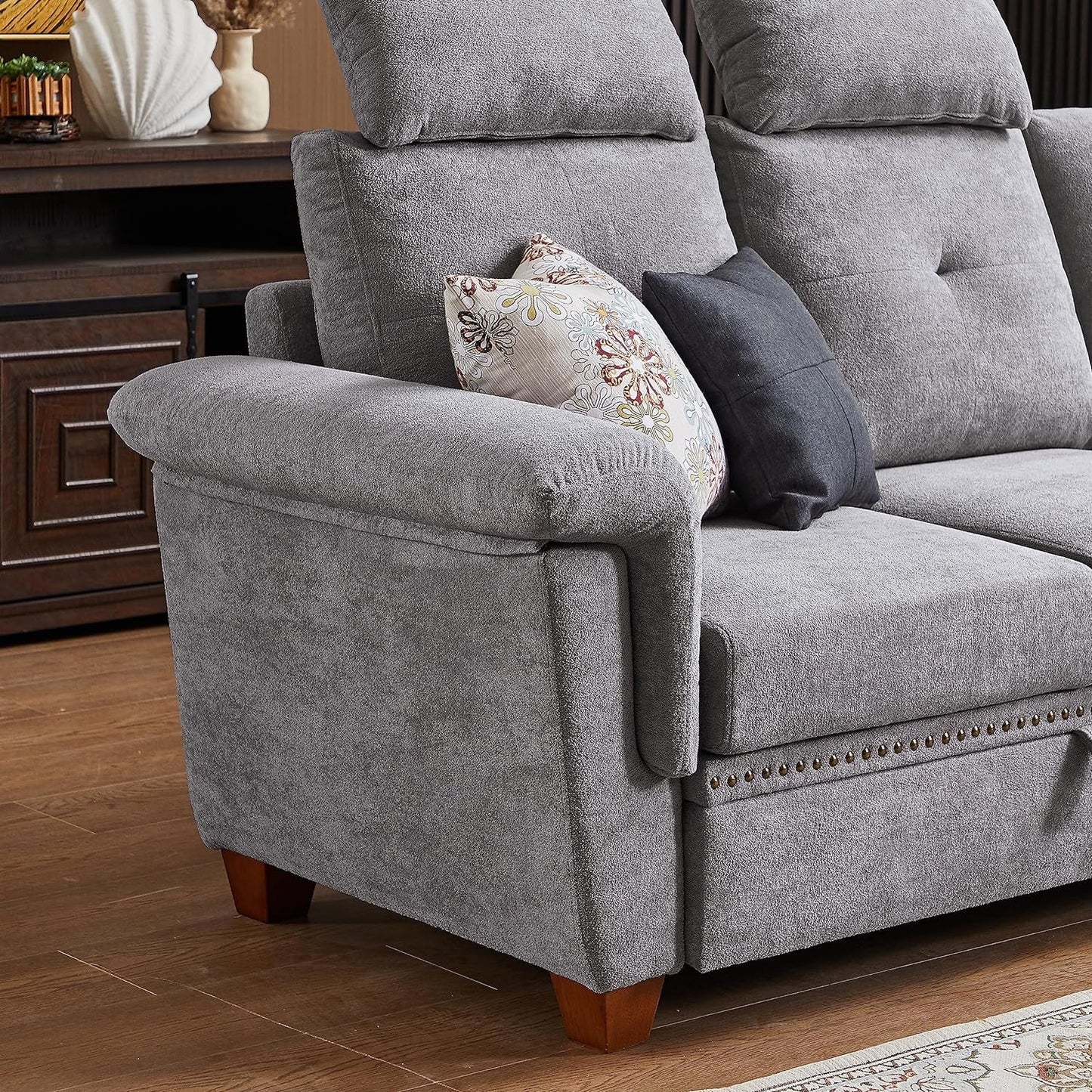Light Grey Microfiber Sectional Sofa With Storage Ottoman