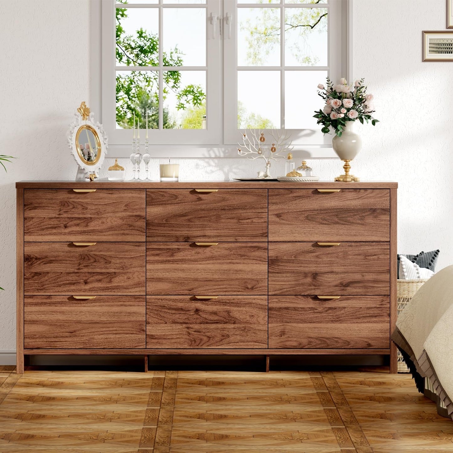 63 Inch Chestnut Dresser With 9 Drawers And Smooth Glides